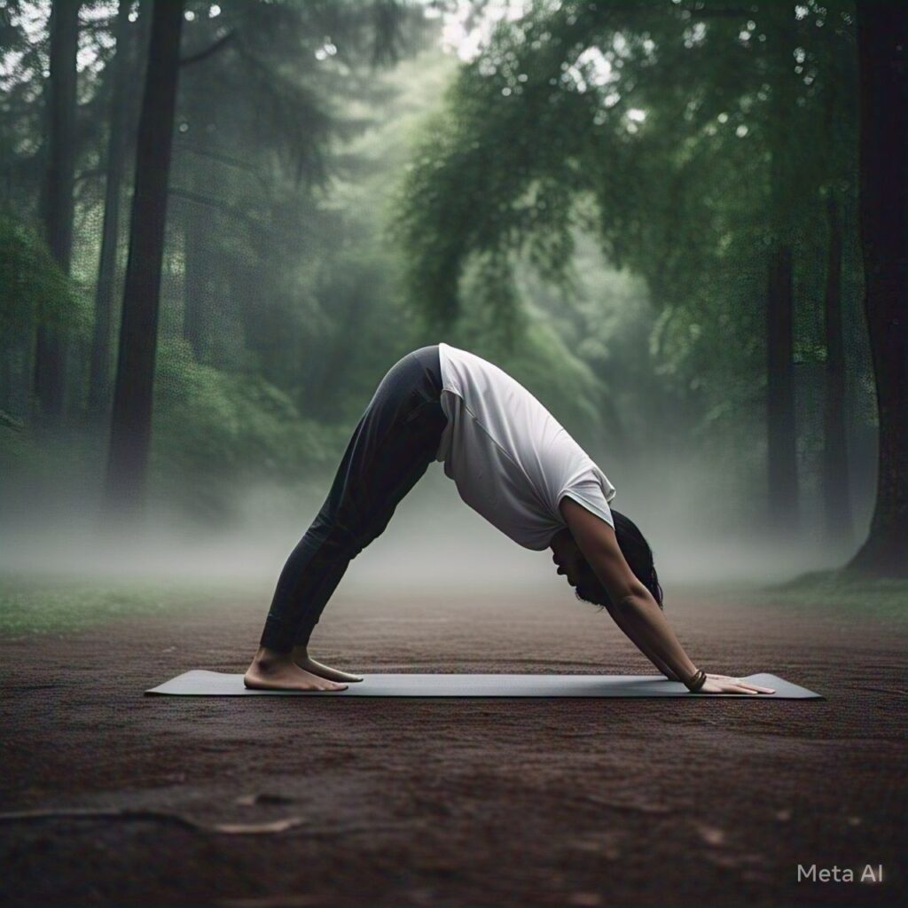 Woman practicing Downward-Facing Dog Yoga pose in a tranquil nature setting which demonstrate how yoga leads to inner peace.
